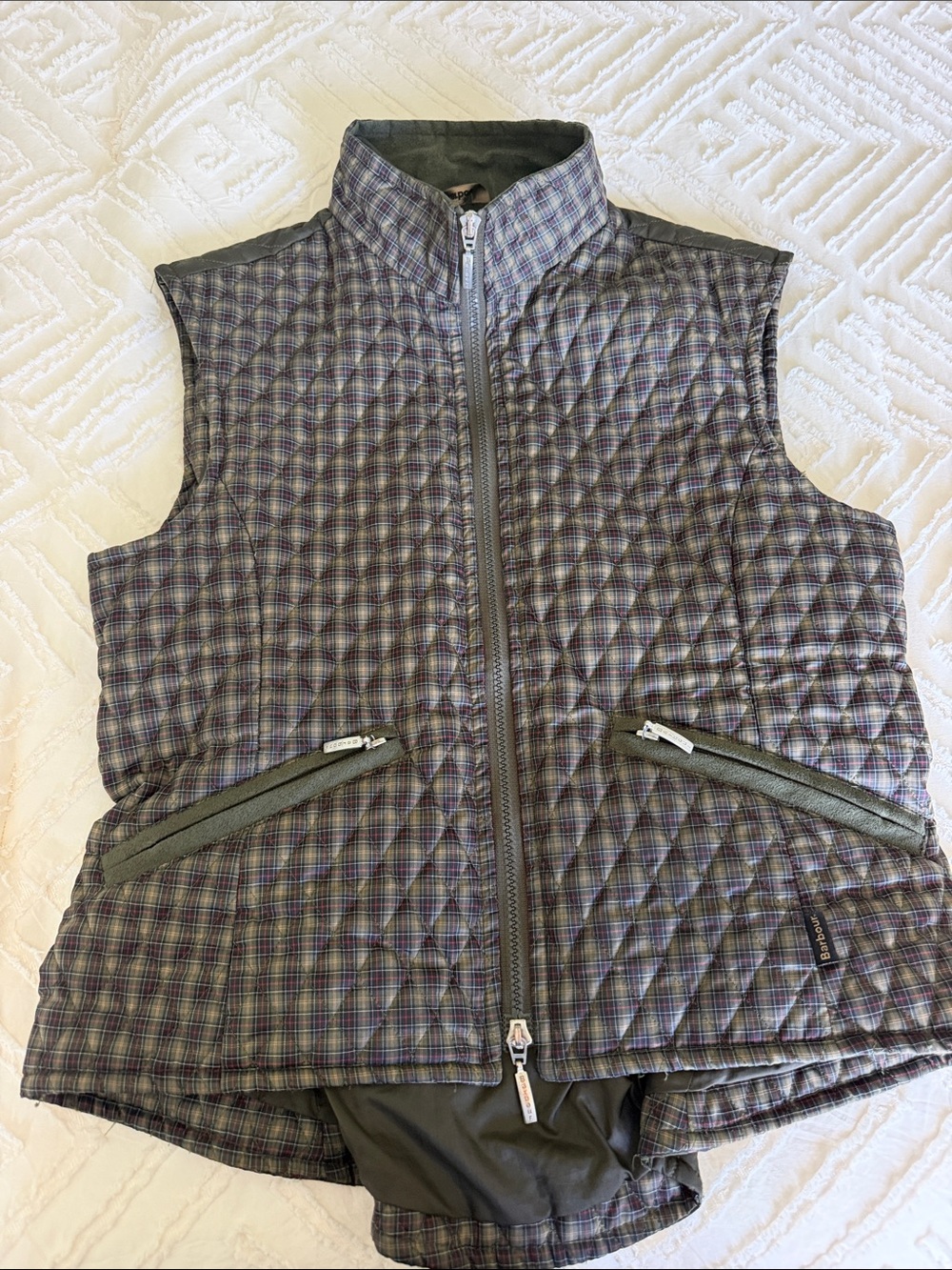 Barbour Quilted Plaid Sleeveless Vest in Gray and Olive